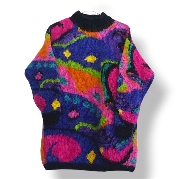 Classique Sweaters - Classique Vintage Neon Mohair Super Long Sweater Retro Ski Apres 80s Purple Pink